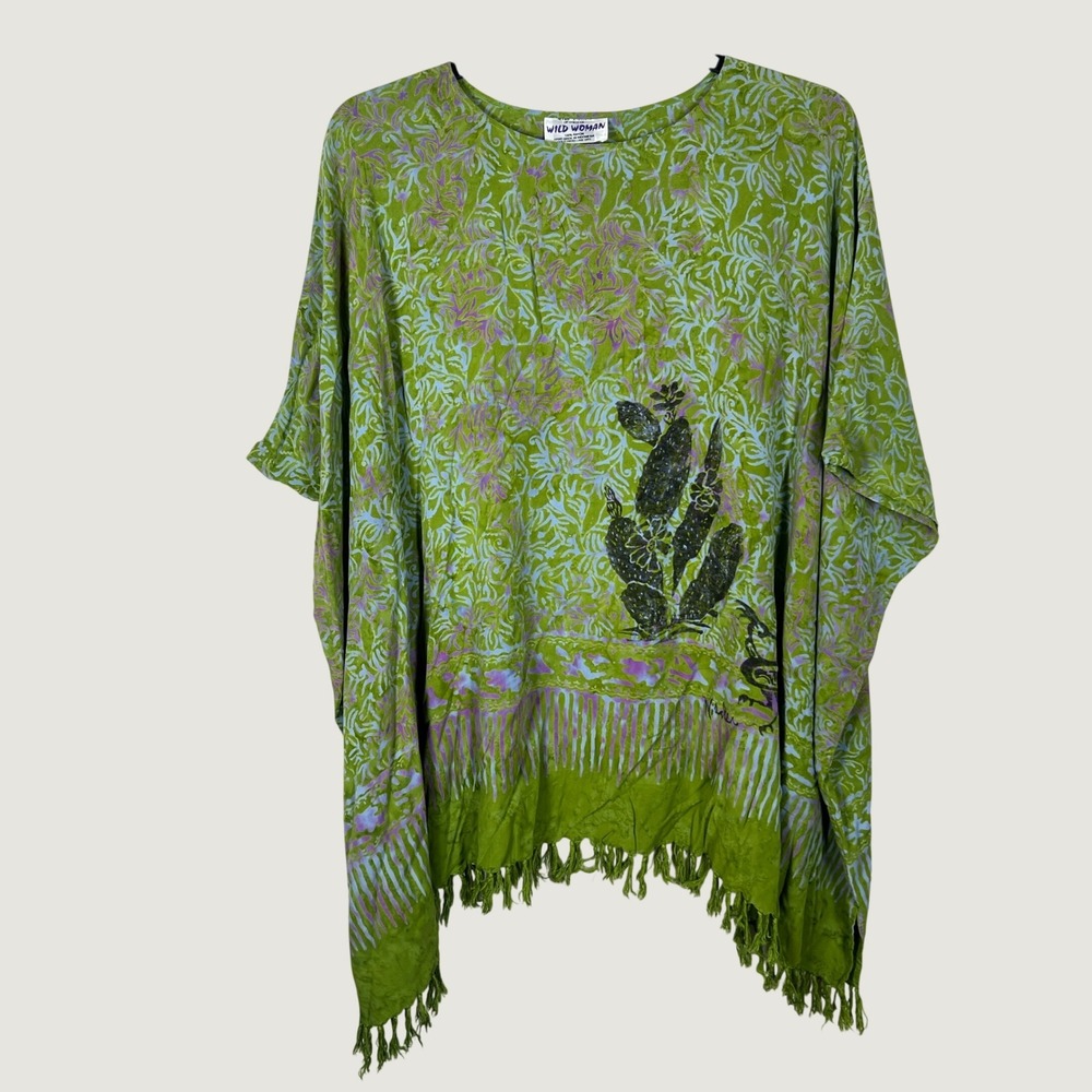 Wild Woman Wild Thing Poncho Top Women OS Green Cactus Batik Fringed Kaftan Boho
